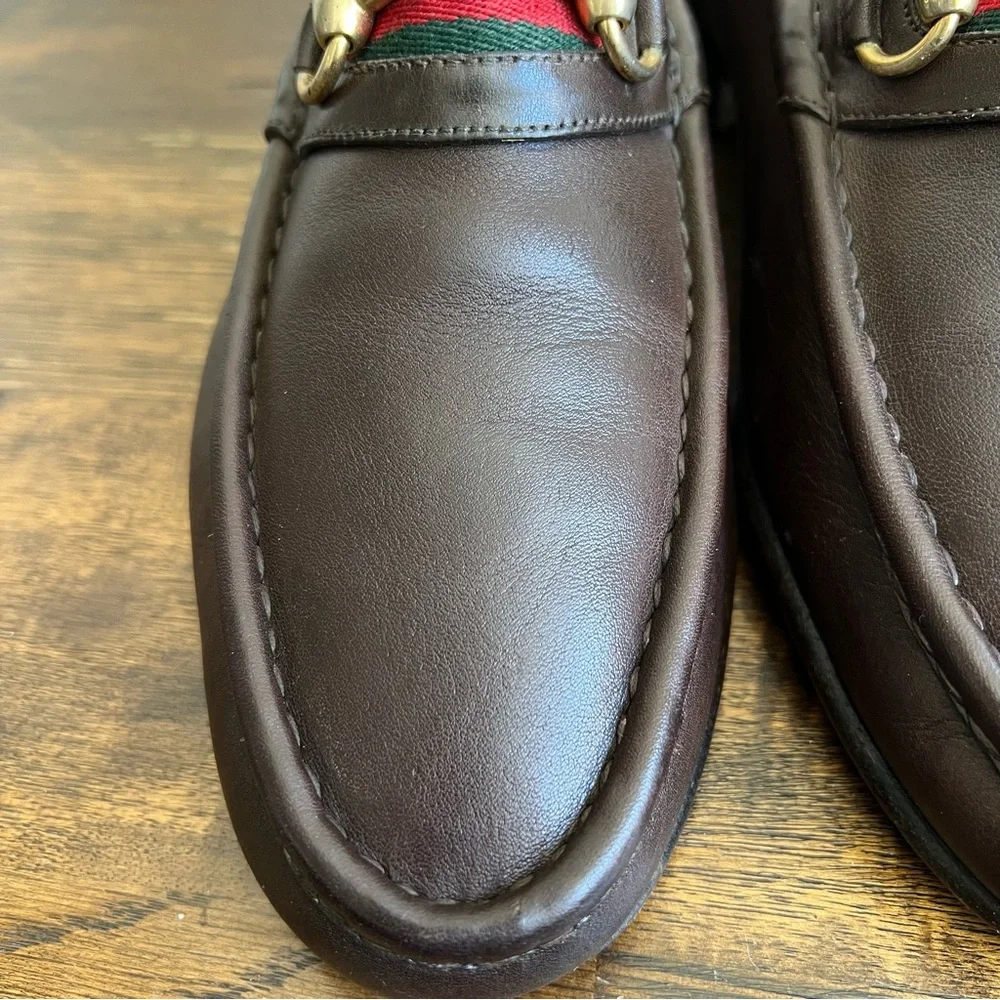 GUCCI Brow Leather Web Detail Horsebit Loafers EU41.5 US8